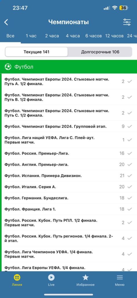 Чемпионаты в приложении Бетсити
